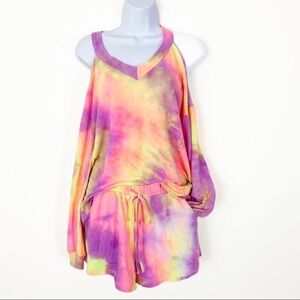WHITE BIRCH Bright Tie Dye Cold Shoulder Lounge Set With Shorts Casual Comfy Sm